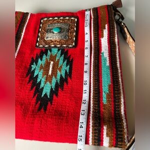 American Darling Large Crossbody Saddle Blanket; Tooled Leather; Red/Turquoise